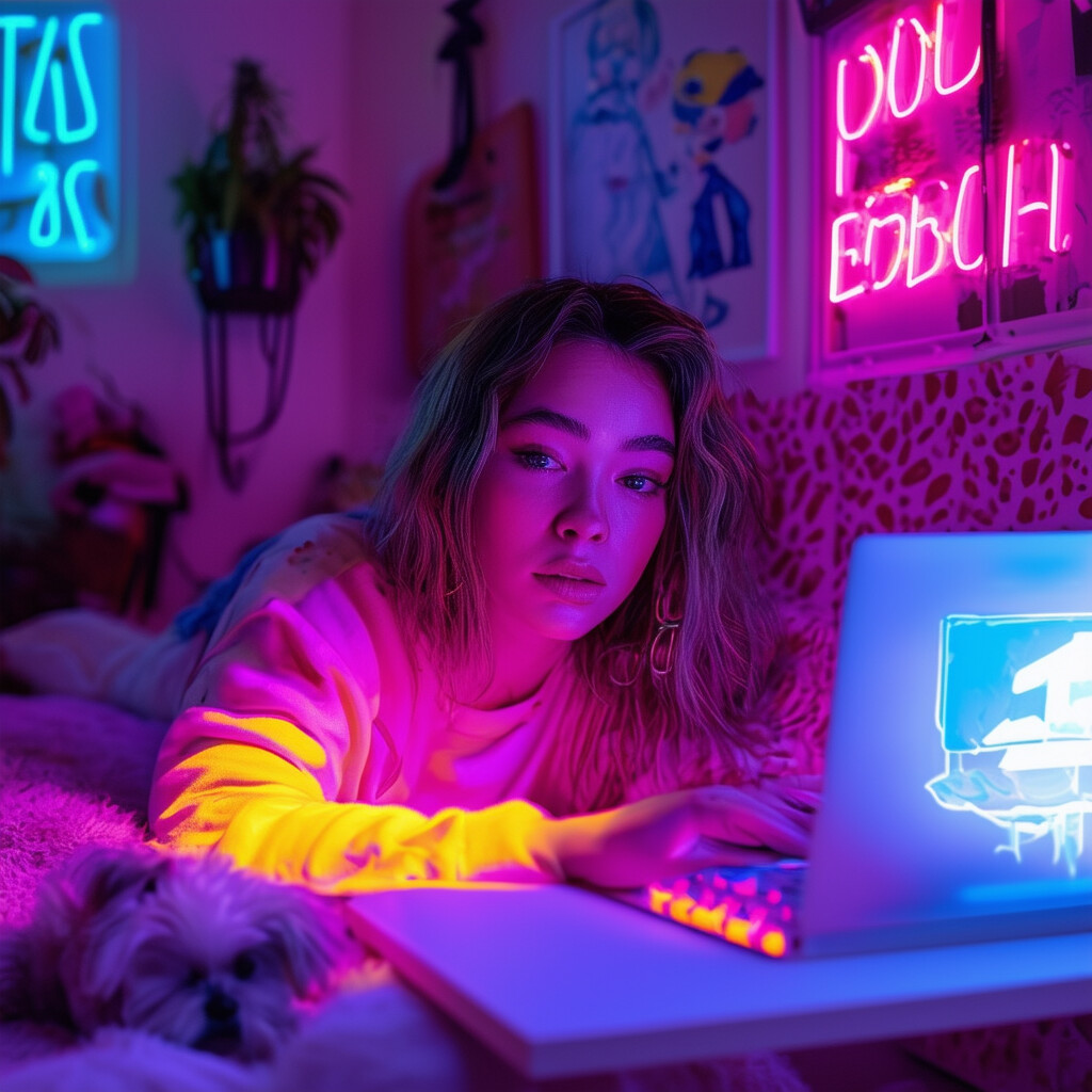 a slumbering influencer unknowingly going live on Twitch, the scene unfolding within her chic, up-to-date quarters, replete with wall art, cuddly companions, and radiant neon hues, all framed by the angle of her web-enabled device