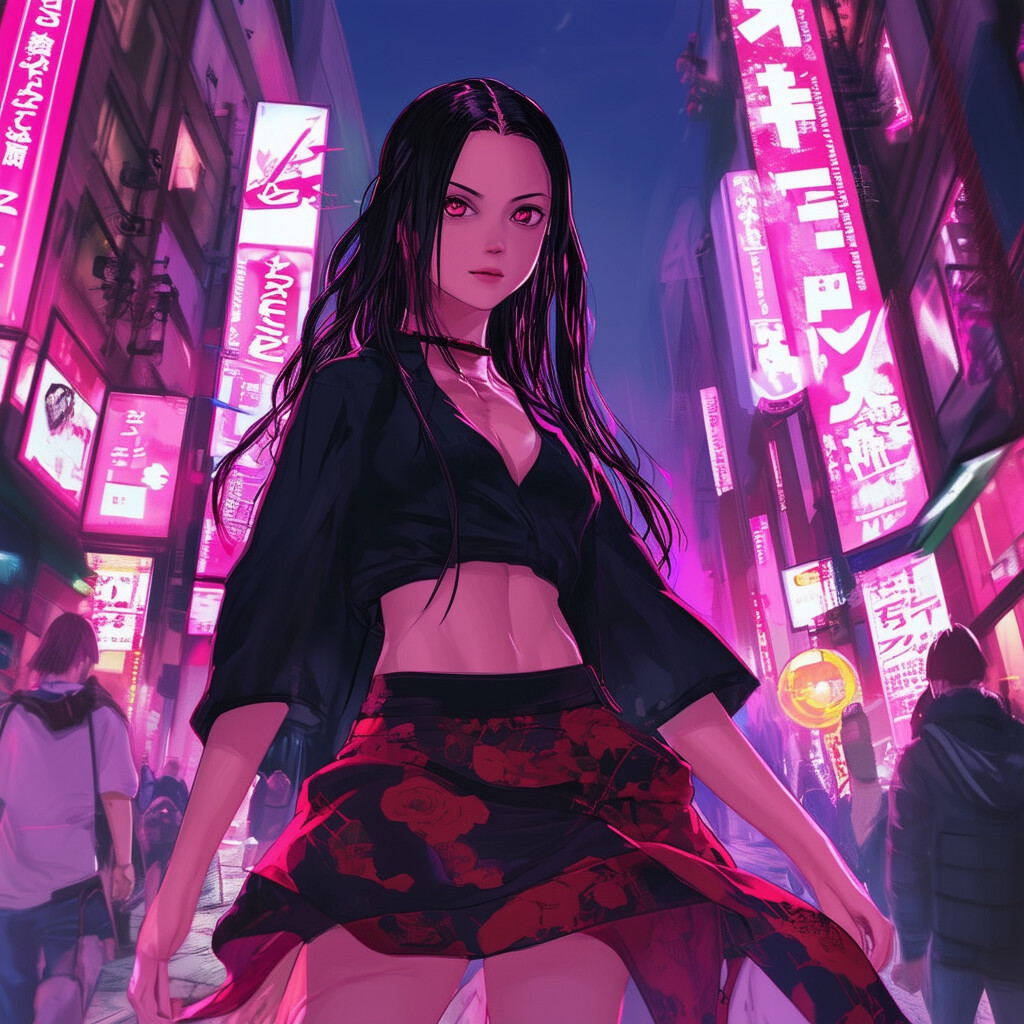 Una ilustración fotorrealista de Nezuko, la querida protagonista de Demon Slayer, recorriendo las animadas calles del Japón del siglo XXI, vestida con una camisa ónix que deja el abdomen al descubierto y una falda llena de dinamismo, la composición palpitando con tonos profundos y a la moda