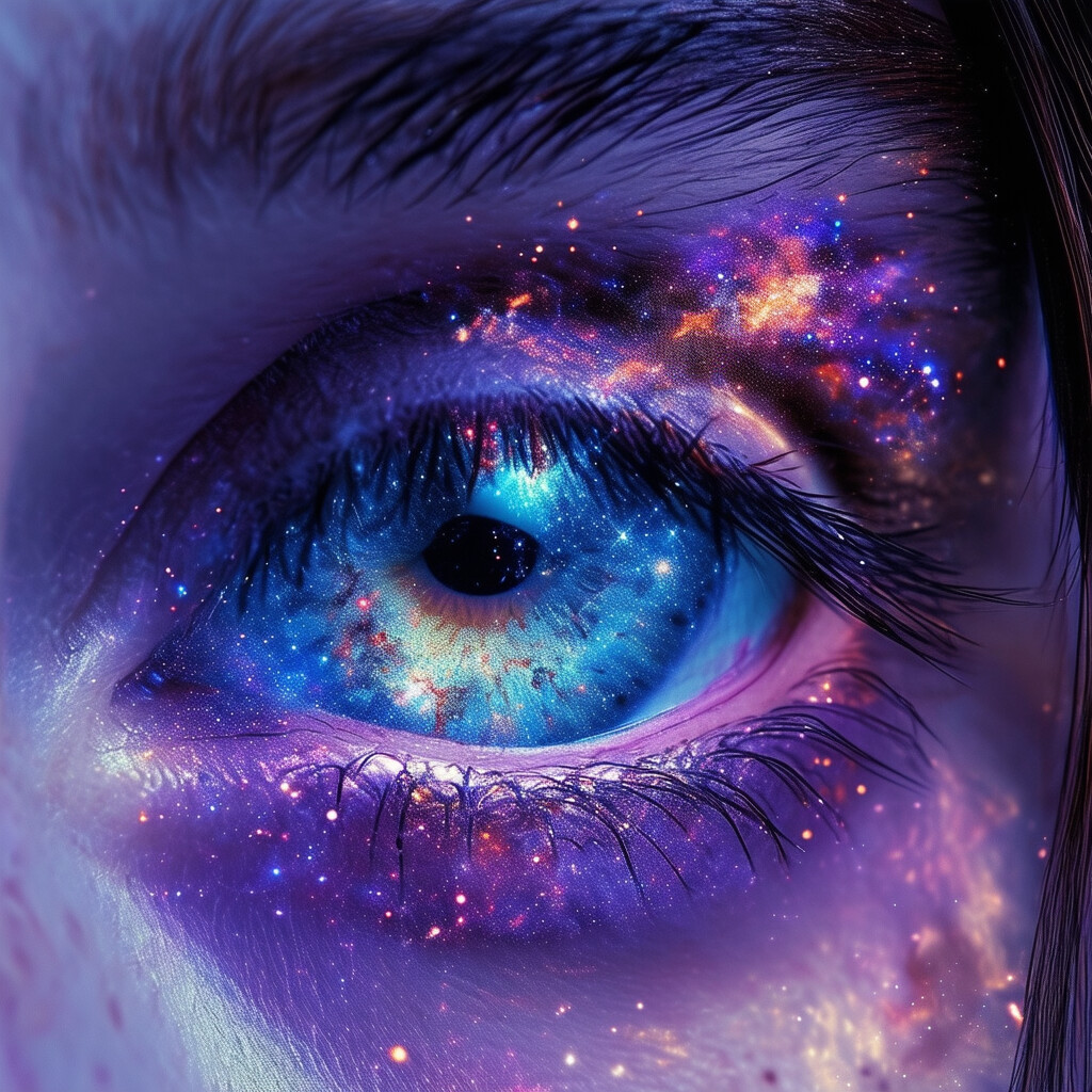 una encantadora representación de una persona cuyos ojos muestran la sobrecogedora belleza del cosmos dentro de sus escleróticas