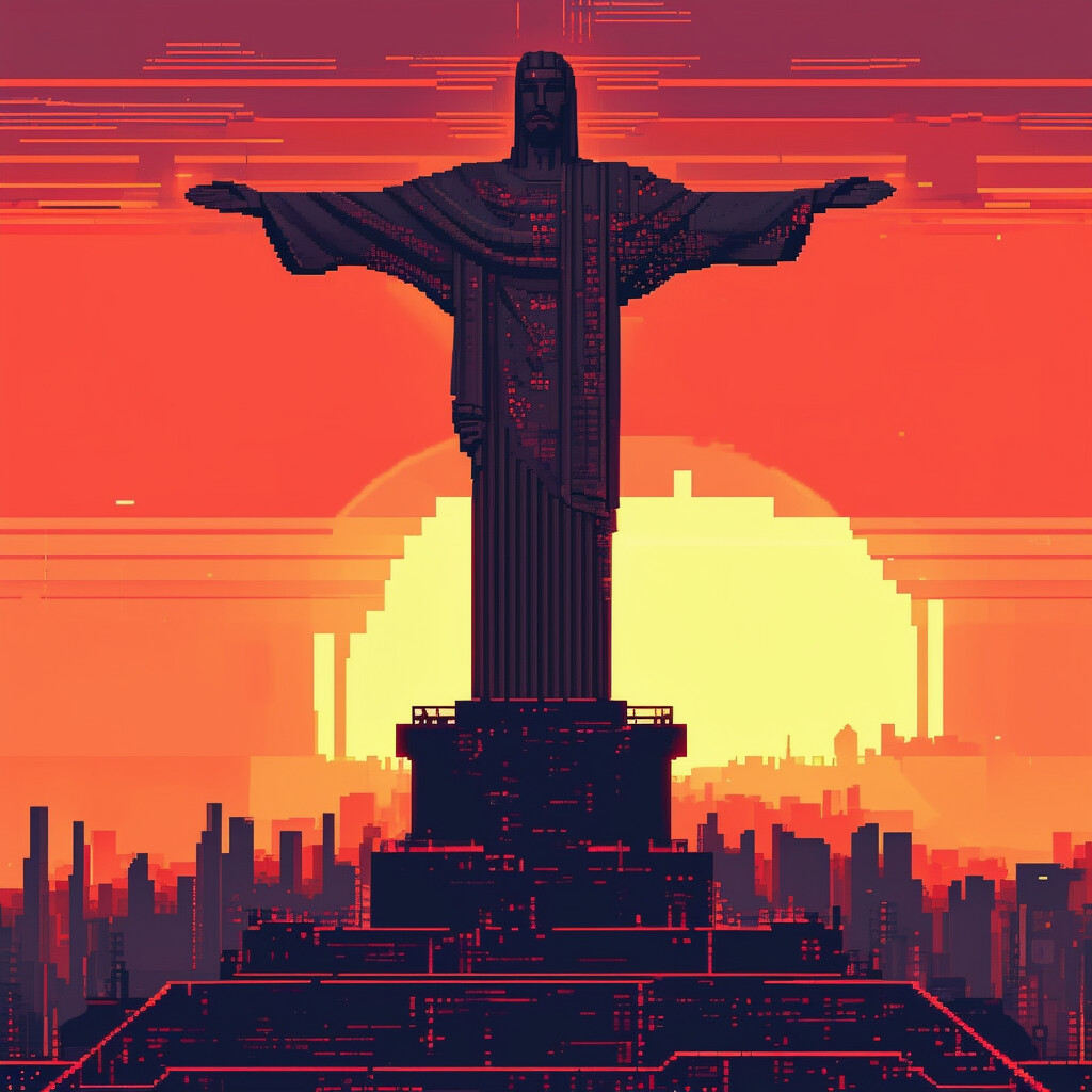 una representación retro y pixelada del icónico Cristo Redentor, trasladado a un universo distópico de cyberpunk techno-noir