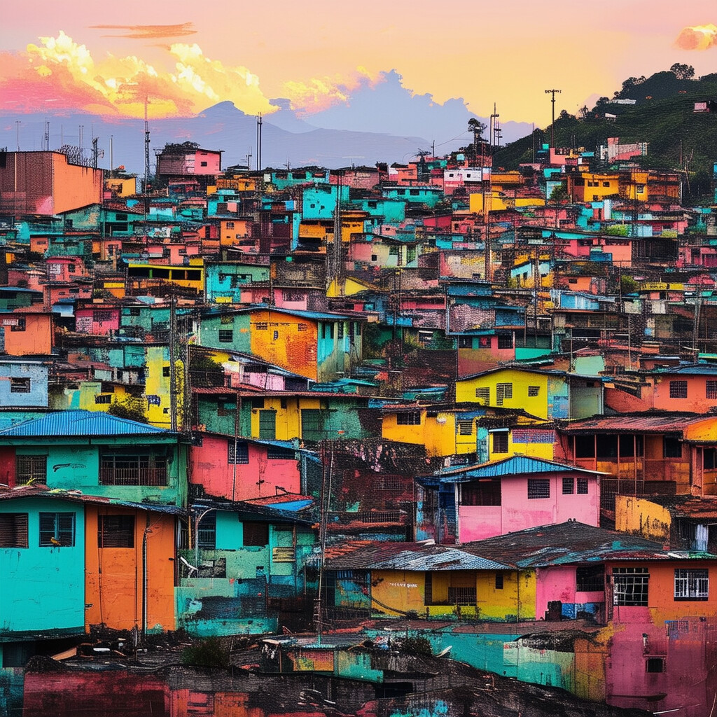 una representación con visión de futuro de las favelas de Brasil, caracterizada por infraestructura de última generación, comodidades contemporáneas y tonos vivos salpicados de puntos de luz radiantes