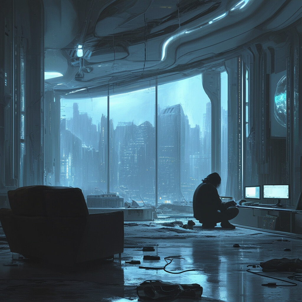 Una representación nostálgica de un aficionado a los videojuegos encorvado en un espacio vital vacío pero visionario, con una palpable aura de pesadumbre a su alrededor mientras lamenta la ausencia de su querido equipo en un entorno por lo demás de alta tecnología y a la vanguardia