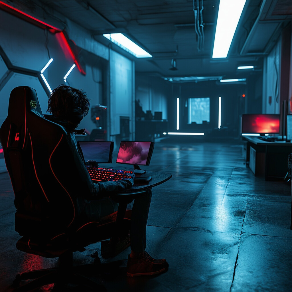 Una escena melancólica de un entusiasta de los videojuegos en una habitación sobria pero avanzada, con expresión abatida mientras mira con anhelo el espacio vacío destinado a su setup en este entorno ultramoderno y de alta tecnología