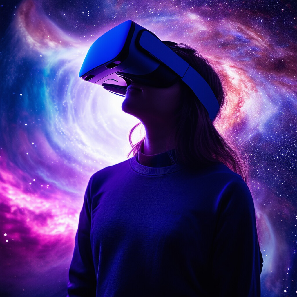 Un streamer, bañado en luz etérea, completamente absorto en una aventura espacial de realidad virtual ambientada en escenarios de galaxias en espiral y fenómenos interestelares, compartiendo su extraordinaria odisea con los espectadores