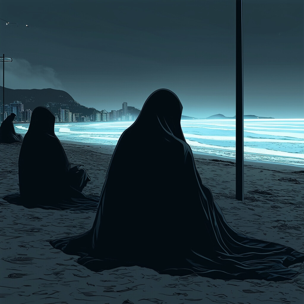 una ilustración ominosa y encubierta de unos parientes sin rostro sentados en la playa de Ipanema bajo el manto de la noche, sus formas sutilmente delineadas por una iluminación elegante y de última generación en tonos intensos y progresivos