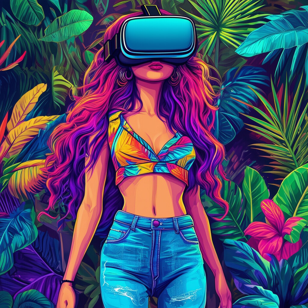 Una enérgica representación de una gamer brasileña, con el cabello en remolinos de colores cósmicos, que lleva gafas de realidad virtual, un crop top que deja ver el ombligo y pantalones vaqueros, inmersa en el corazón verde de la Amazonia, pintada en tonos vivos y modernos