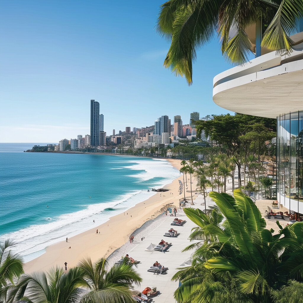 una cautivadora interpretación ultramoderna de la Praia do Leblon, llena de tonos llamativos y saturados y motivos innovadores y progresistas
