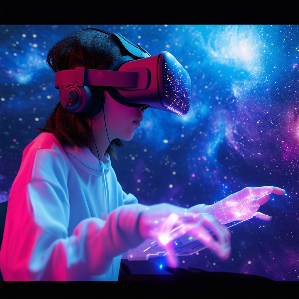Un gamer y showman con un visor de realidad virtual, que parece flotar entre las estrellas mientras las manos de su avatar manipulan controles holográficos, transmitiendo su exploración de un universo simulado