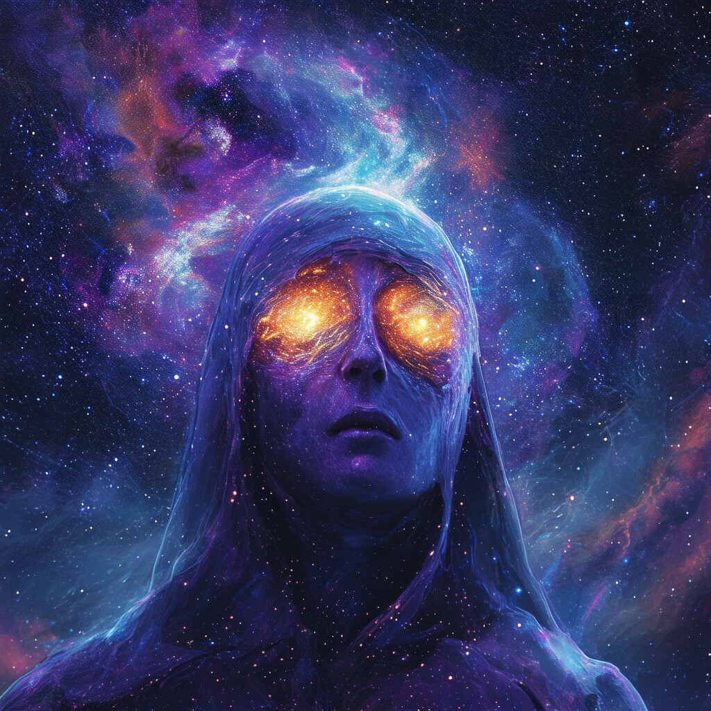 una ilustración de otro mundo de una figura que posee escleróticas que encarnan la magnífica maravilla y la inmensidad de la expansión galáctica