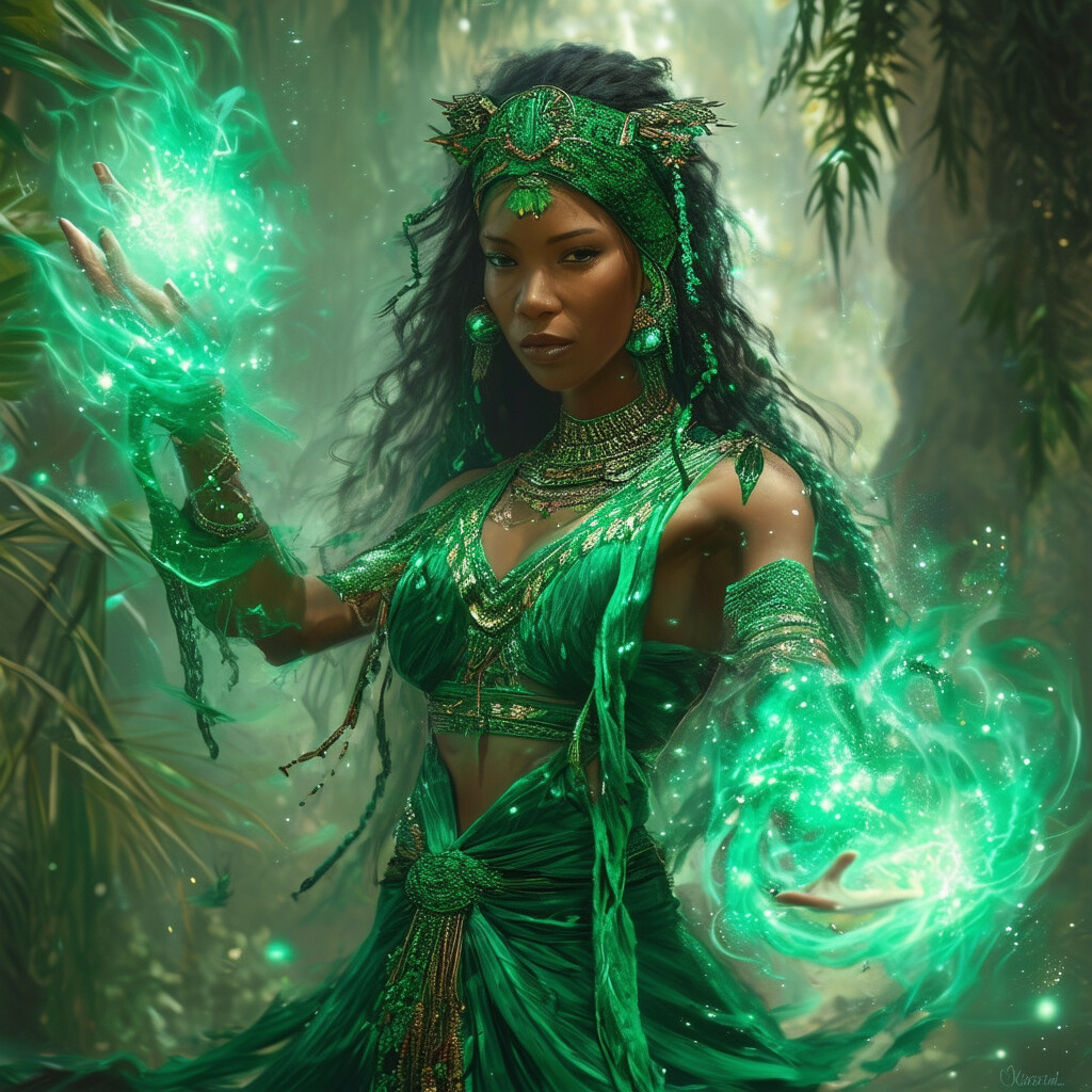 Una representación de otro mundo de una hechicera de la selva tropical, cuyas curvas están adornadas únicamente por un diminuto conjunto esmeralda y brillante; invoca la energía mística de los árboles mientras haces de luz esmeralda bañan el encuadre, concebida desde una óptica ultramoderna