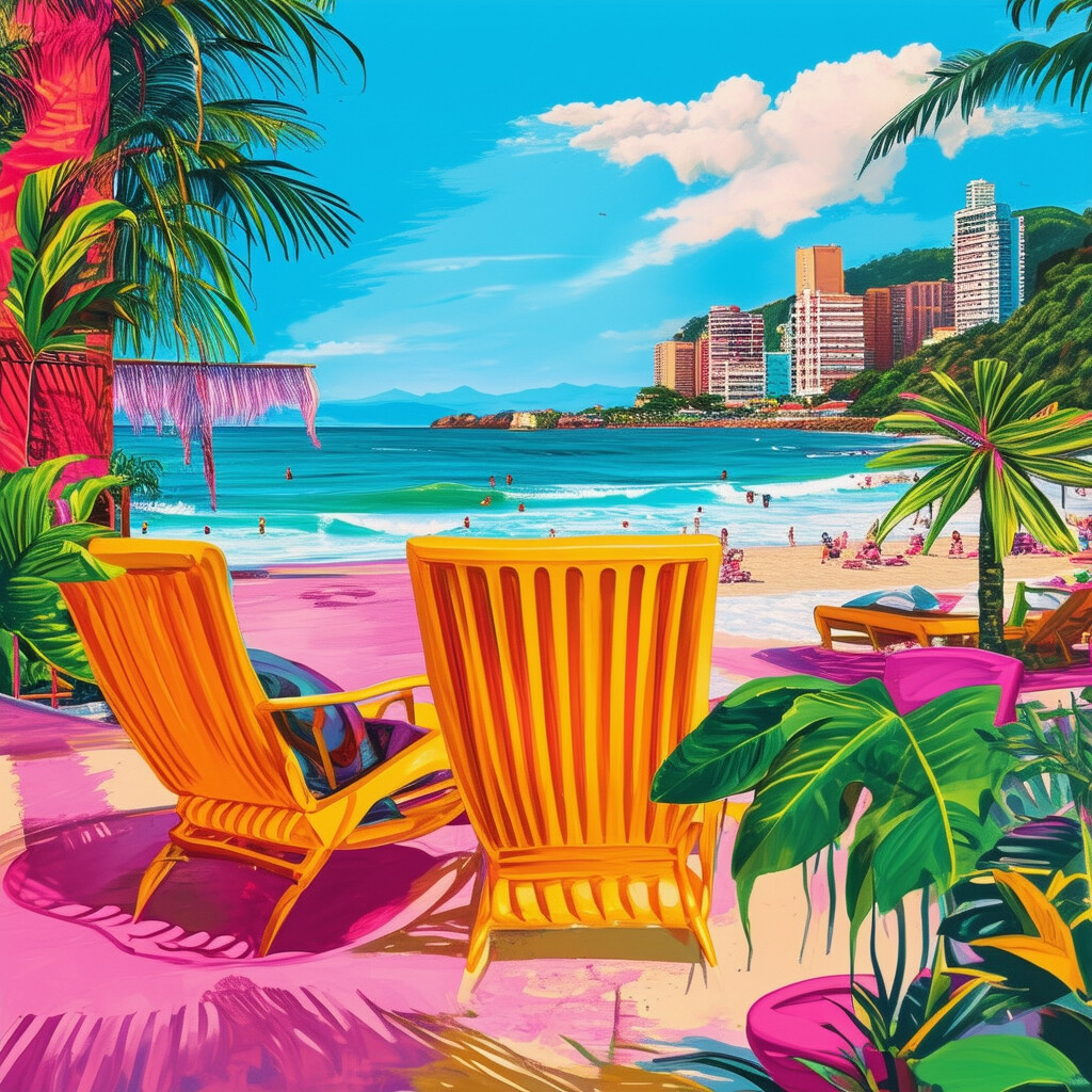 una representación animada y vanguardista de la Praia do Leblon, llena de tonos vivos y elementos innovadores y orientados al futuro