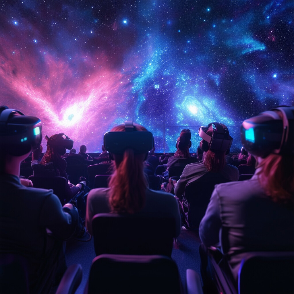 Una escena inmersiva de un gamer en realidad virtual, con el visor puesto, transportado al espectacular paisaje cósmico de una nebulosa lejana, retransmitiendo sus experiencias interestelares a una audiencia cautivada