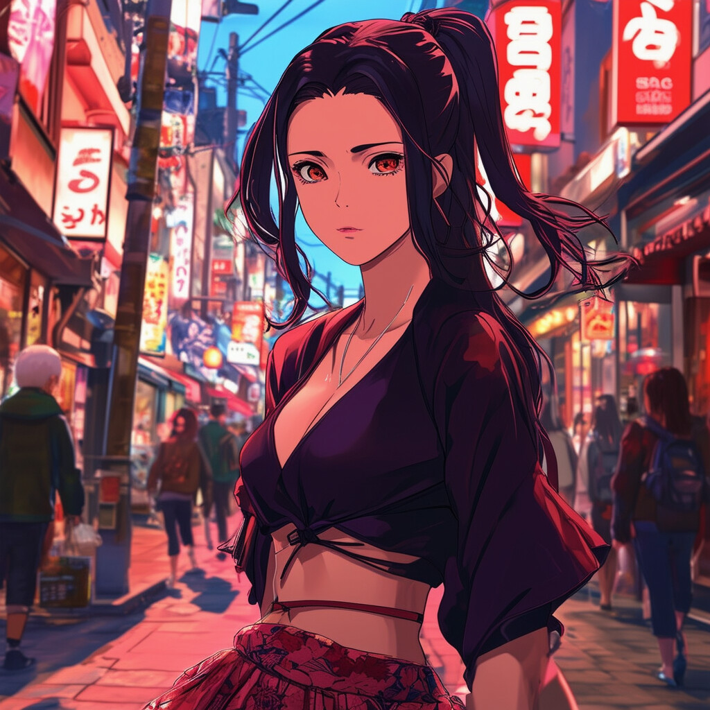 Una representación realista de Nezuko, el querido personaje de Demon Slayer, explorando las bulliciosas avenidas del Japón actual, luciendo una blusa oscura que deja el ombligo al descubierto y una falda llena de vida, la imagen saturada de tonos intensos y modernos