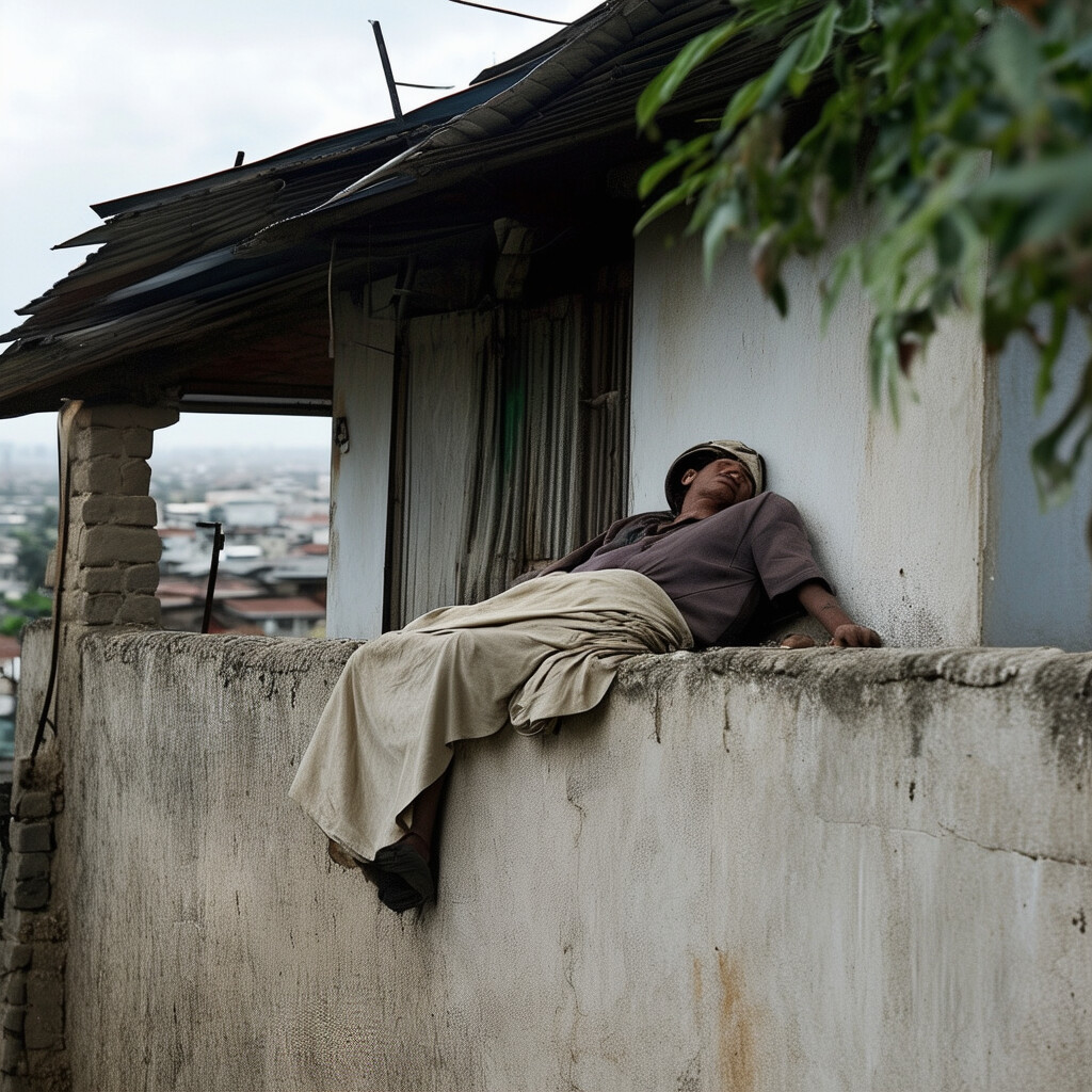 Una vista insólita de una persona dormitándose encaramada al borde del muro perimetral de su hogar, con el cuerpo tendido de manera cómica pero serena