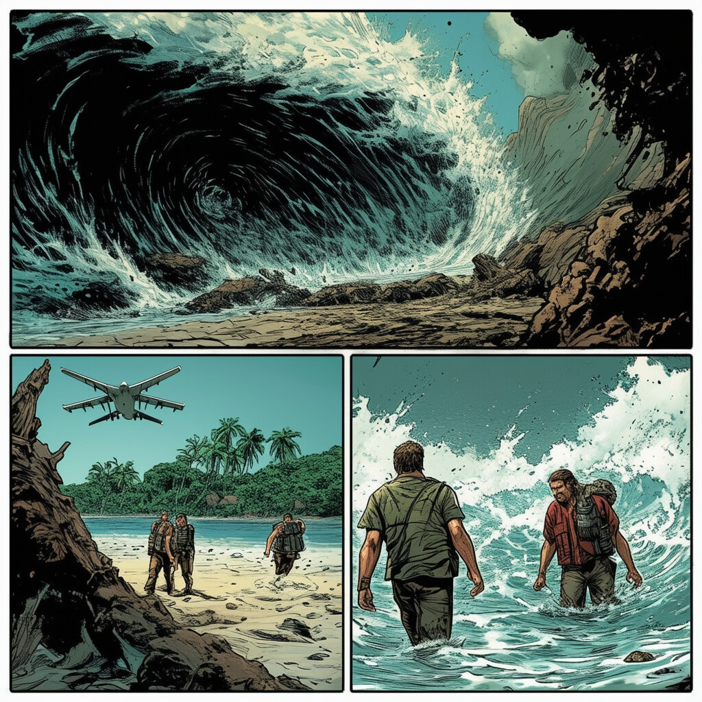 Una viñeta de cómic que presenta momentos destacados de Lost: el vuelo Oceanic 815 partiéndose violentamente sobre el mar, los protagonistas clave en la playa y en la densa selva, el hallazgo de los centros subterráneos de Dharma, la columna giratoria de hollín que los ataca, intimidades y juegos de poder traicioneros, rematados por un gran rescate