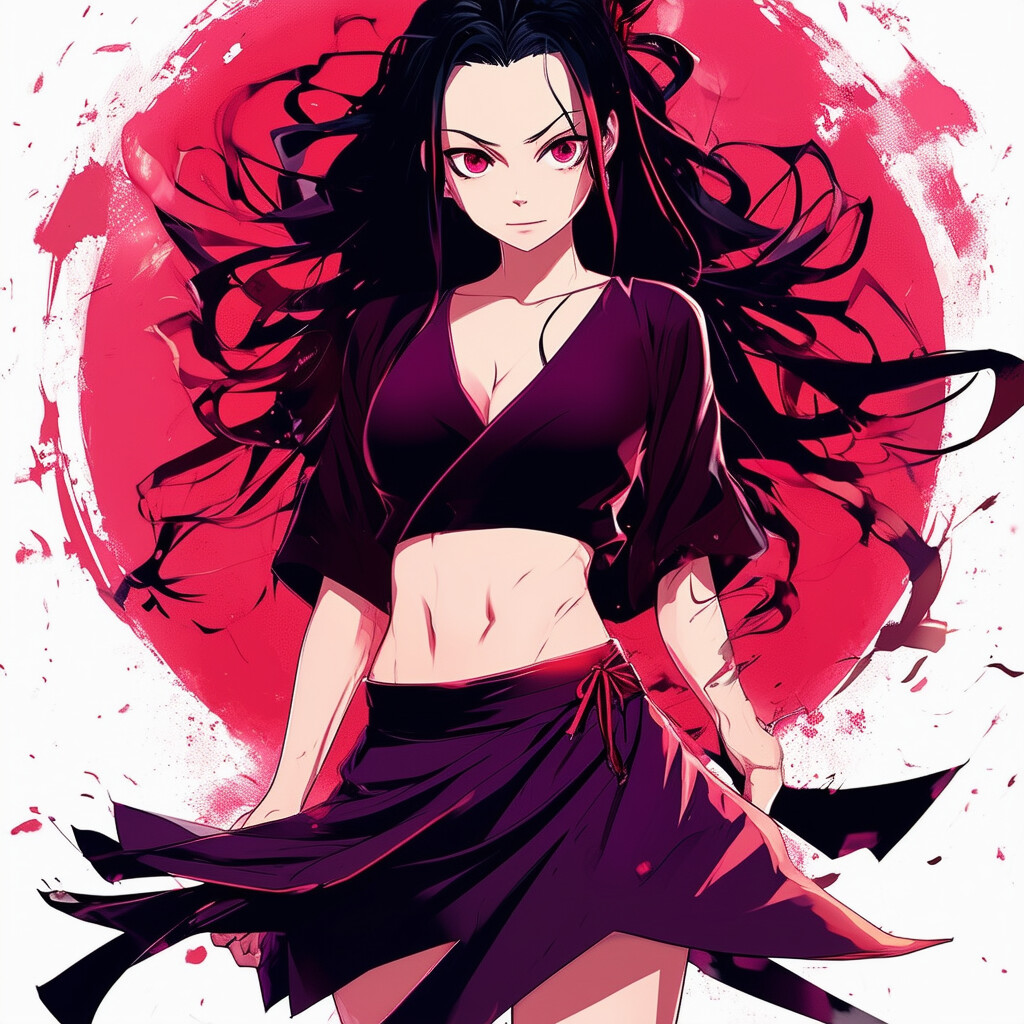 Una representación auténtica de Nezuko, la icónica figura de Demon Slayer, inmersa en la atmósfera dinámica del Japón contemporáneo, vistiendo un top de tono medianoche que deja el vientre al aire y una falda llena de energía, el conjunto rebosante de ricos tonos vanguardistas