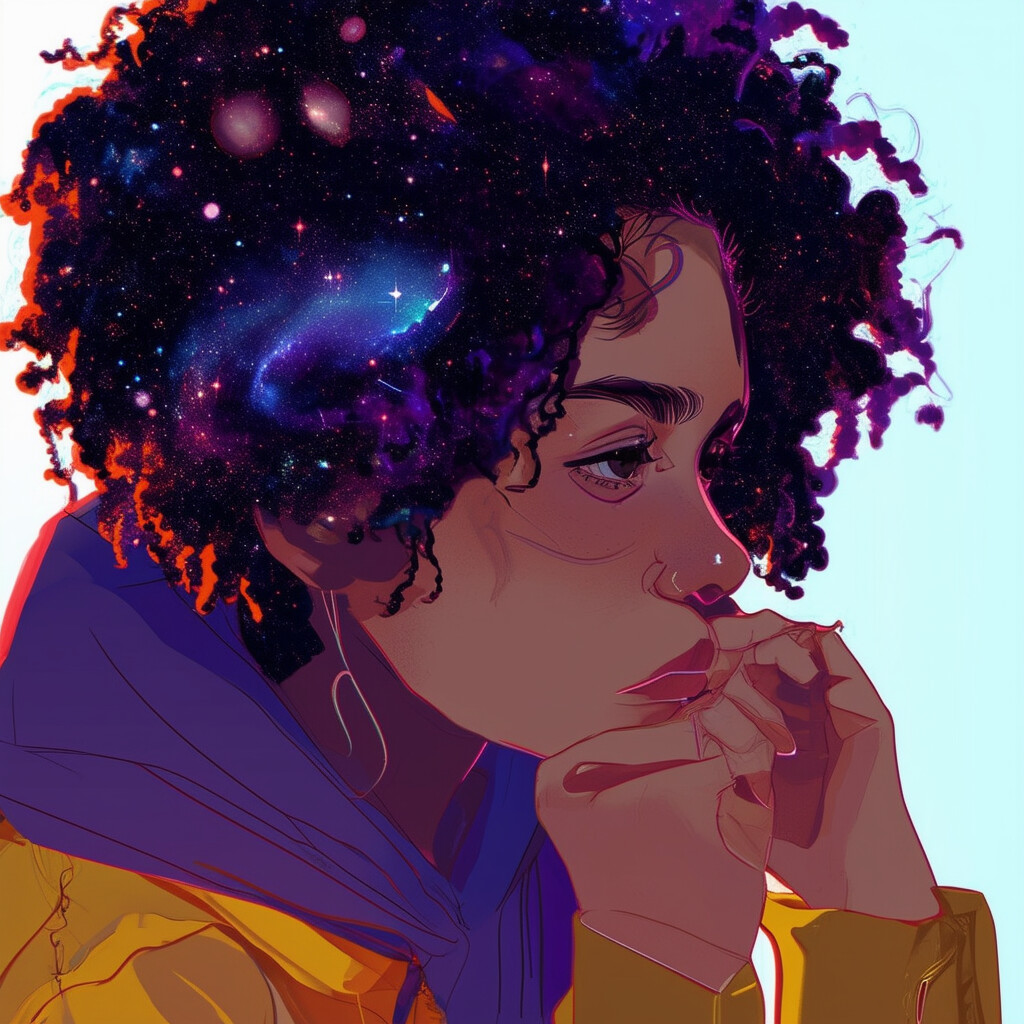 una ilustración pensativa de un creador de contenido con cabellos inspirados en el universo, perdido en los reinos virtuales de juegos al estilo de Second Life y Fivem, presentada con un estilo elegante y actual