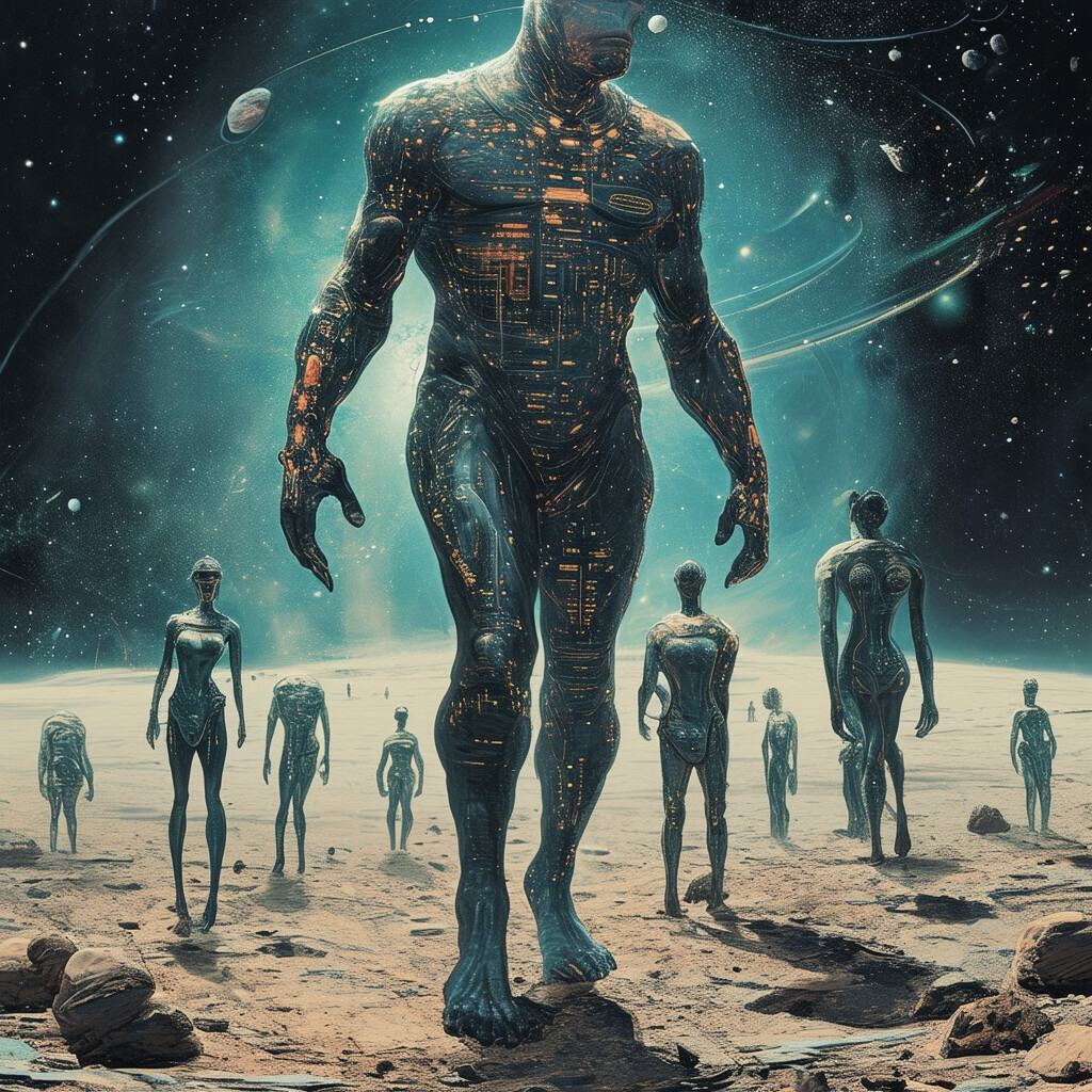 una ilustración que invita a la reflexión sobre la civilización humana en el año 2123, prosperando en un cuerpo celeste previamente desconocido, que destaca sus rasgos físicos alterados, sus capacidades cognitivas aumentadas y el papel ventajoso de la tecnología sofisticada en su sociedad