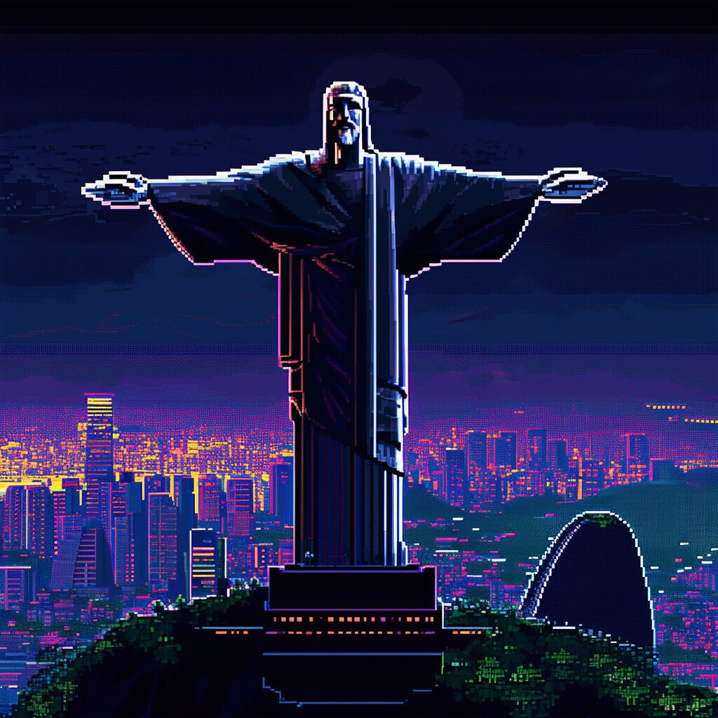 el majestuoso monumento del Cristo Redentor, retratado a través del lente de los gráficos clásicos de 8 bits, con el telón de fondo de una oscura metrópolis cyberpunk futurista