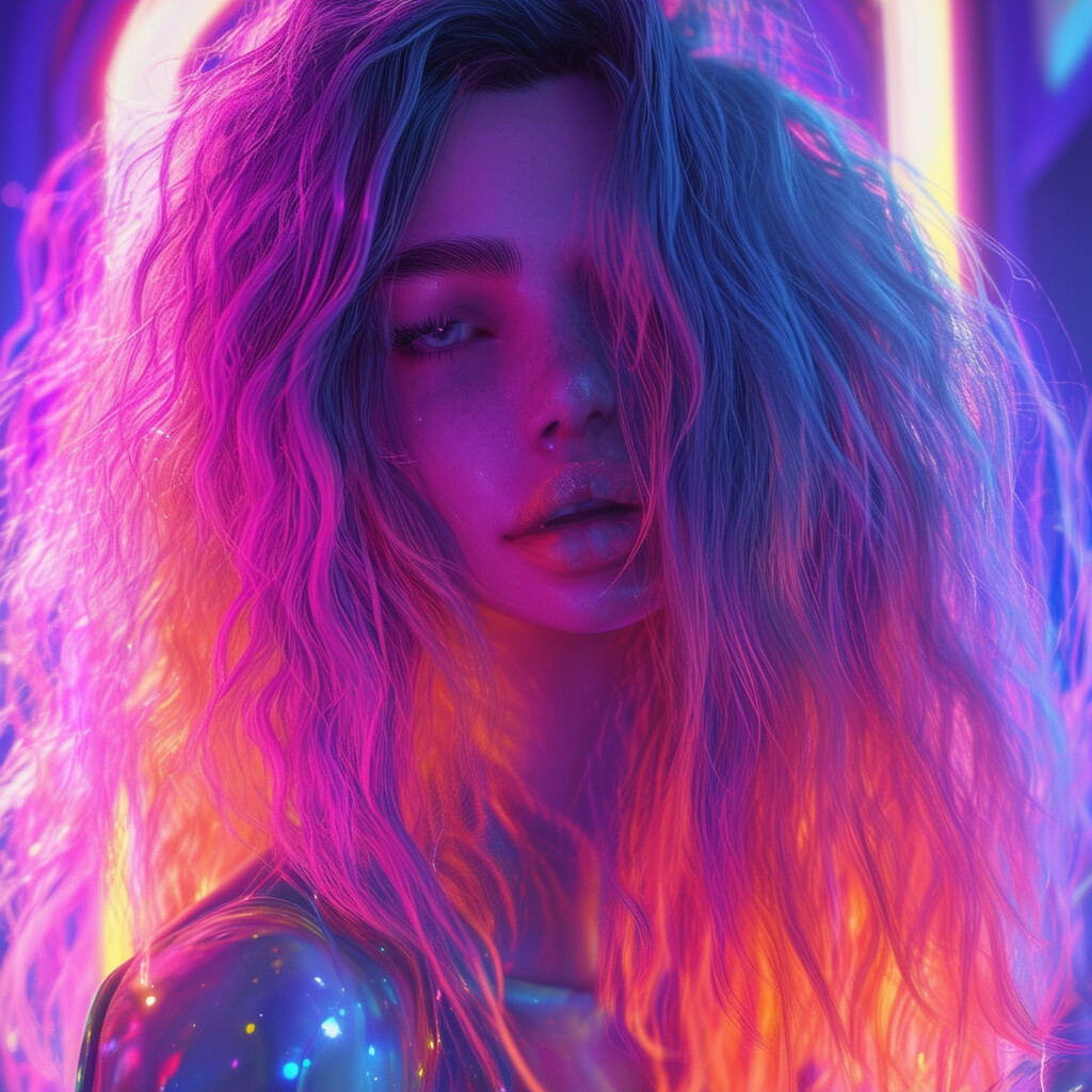 una representación nostálgica de un artista en línea que luce una melena en tonos galácticos, absorto en las dimensiones digitales de títulos al estilo de Second Life y Fivem, visualizada a través de una lente progresista y a la última