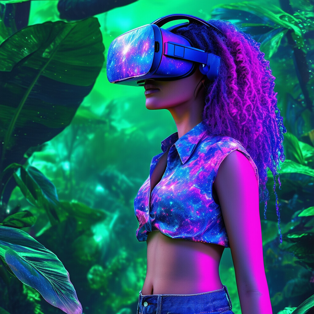 Una ilustración dinámica de una entusiasta de los videojuegos de Brasil, con el cabello en un caleidoscopio de tonos galácticos, usando equipo de realidad virtual, una blusa que deja el vientre al descubierto y jeans azules, rodeada de la flora exótica de la selva amazónica, capturada en colores intensos y actuales
