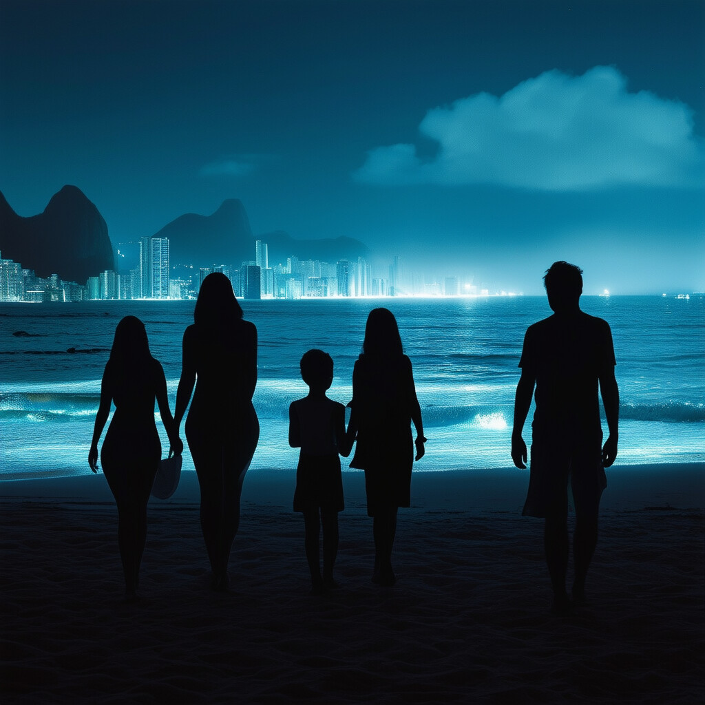 una representación pensativa y envuelta en sombras de un grupo familiar oscuro a orillas de la playa de Ipanema de noche, con escasos acentos ultramodernos que aportan un resplandor etéreo, capturada con una paleta sofisticada y futurista