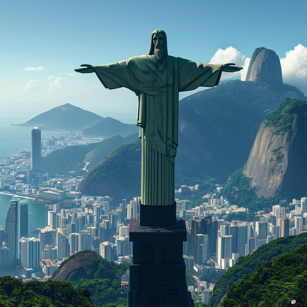una interpretación retro, de baja resolución, del Cristo Redentor de Río de Janeiro, yuxtapuesta con la estética vanguardista y de alta tecnología de un mundo cyberpunk