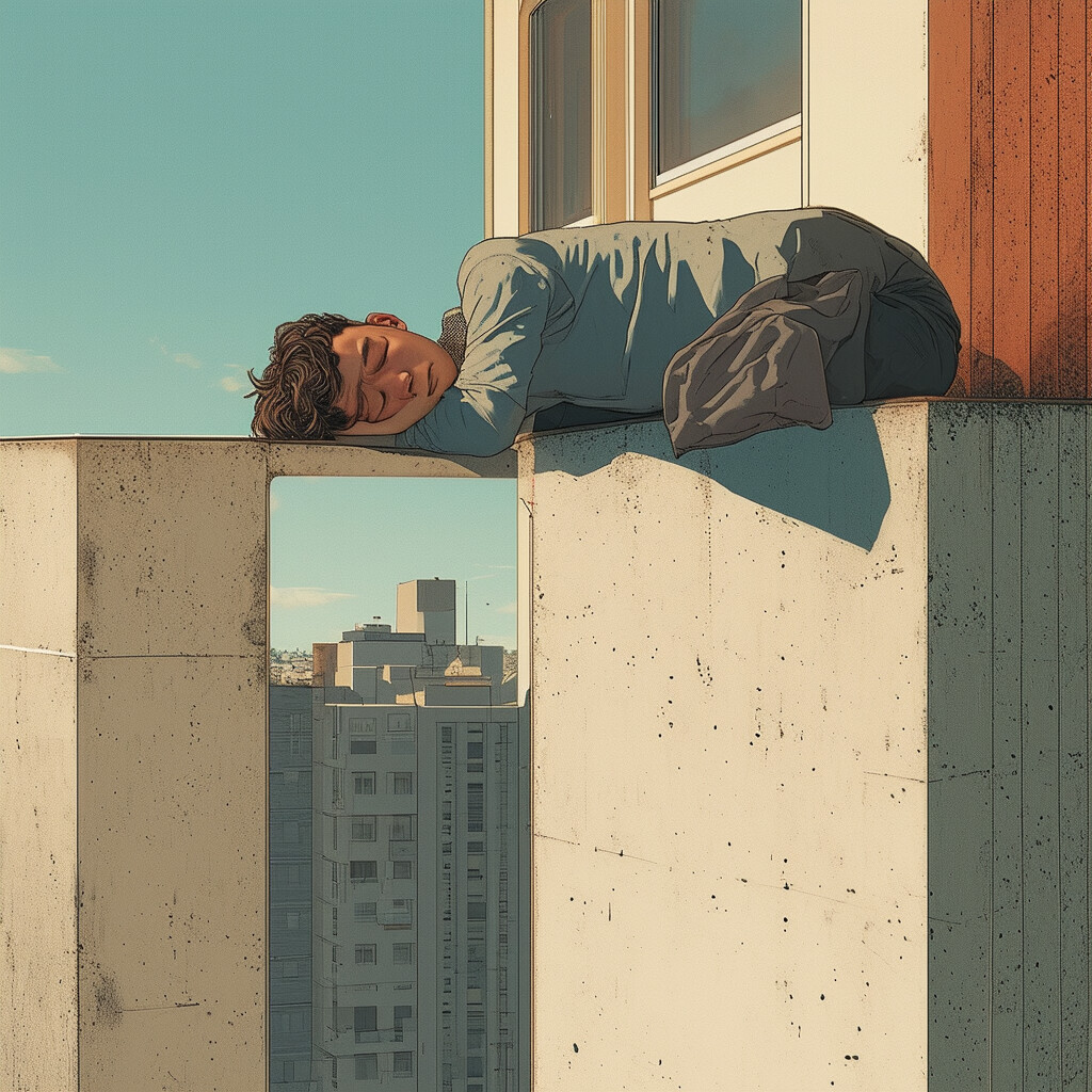 Una llamativa ilustración de un chico durmiendo plácidamente en el borde superior del cerramiento de su domicilio, con su figura en una asombrosa muestra de equilibrio somnoliento