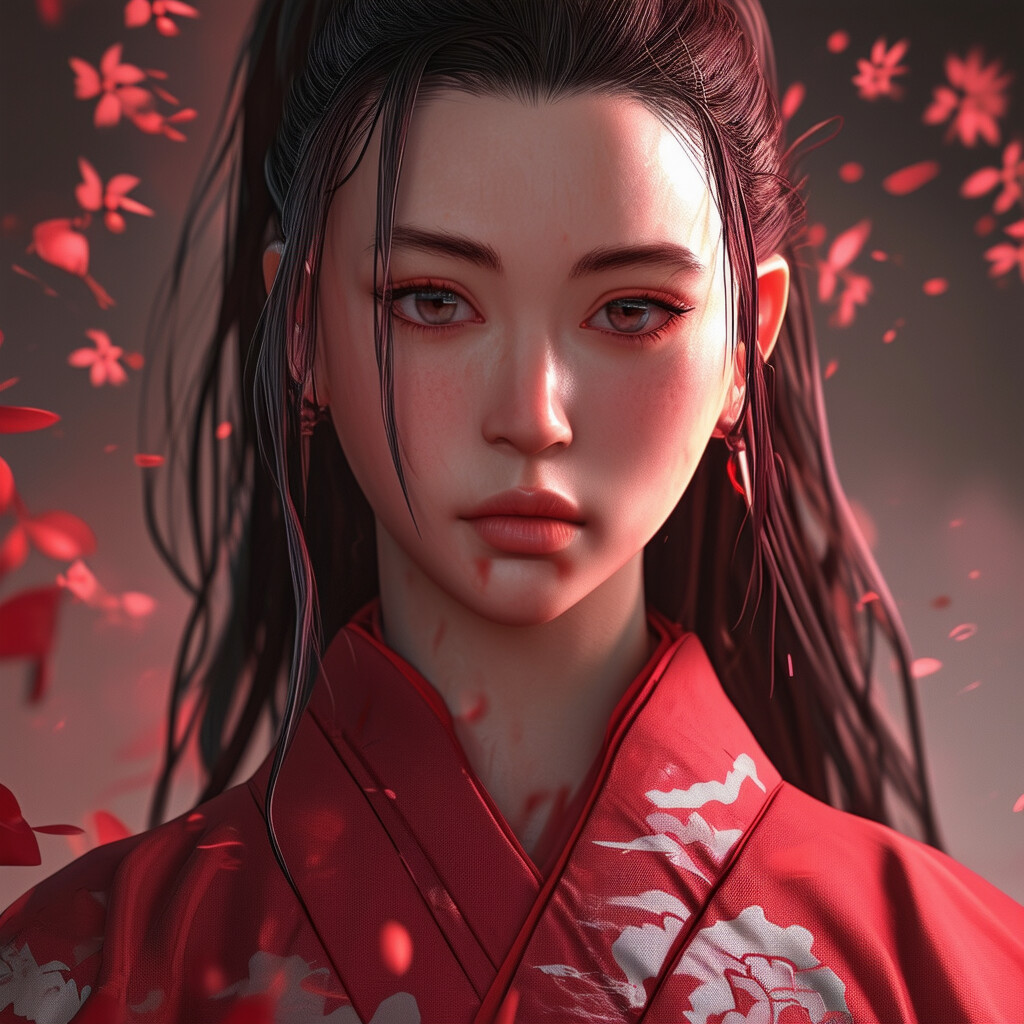 Una representación muy detallada y convincente de Nezuko de Demon Slayer, concebida como un ser humano real, con su aspecto icónico y su aura trasladados a una persona creíble de carne y hueso