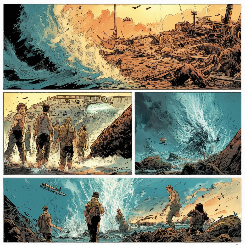 Una vívida ilustración cómica que encapsula la saga épica de Lost en unos pocos cuadros: el vuelo de Oceanic partiéndose en pleno aire, los supervivientes rebuscando por la isla, el descubrimiento de las estaciones Dharma, encuentros cercanos con la entidad de Humo, relaciones que se forman y traiciones que ocurren, desembocando en la resolución final