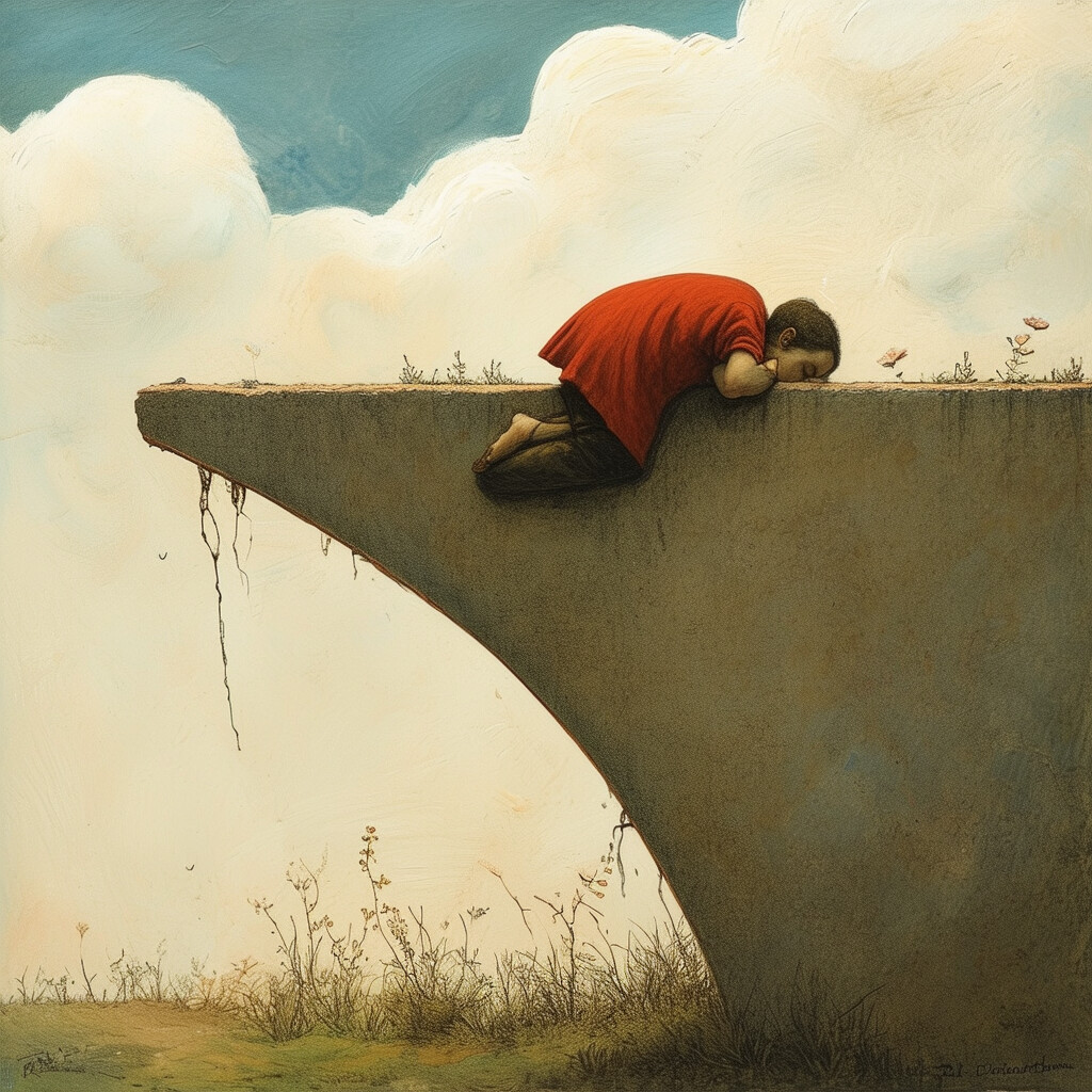 Una representación divertida de un sujeto sorprendido echando una siesta sobre la estrecha superficie del muro que delimita su vivienda, con su figura equilibrada de forma improbable mientras navega por el mundo de los sueños