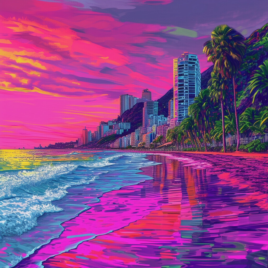 una interpretación enérgica y visionaria de la Playa de Leblon, con tonos audaces e intensos y detalles imaginativos y futuristas