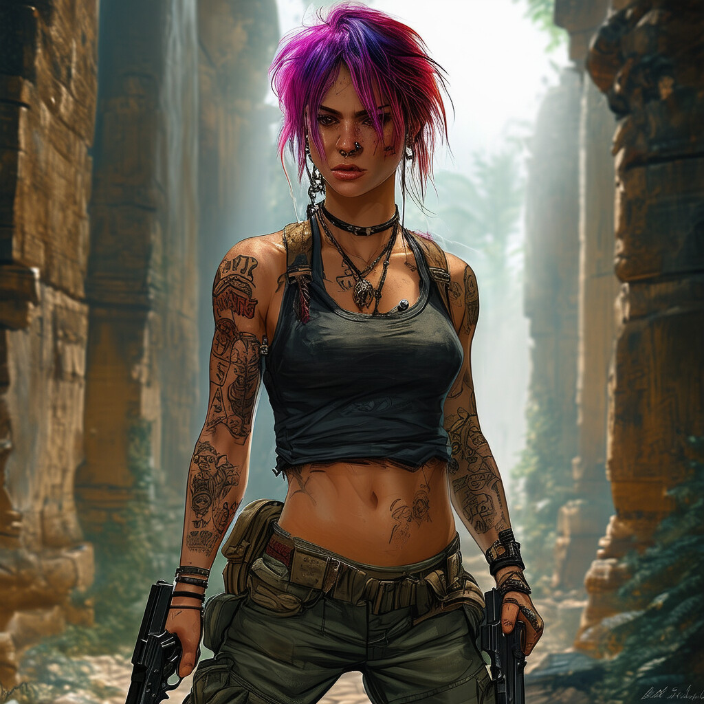 Lara Croft alternativa, tatuada e com piercings: